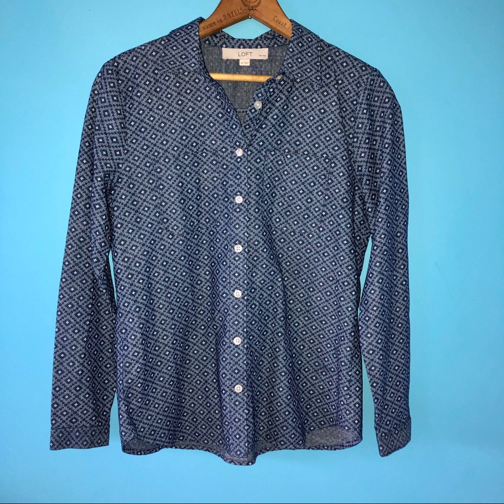 Loft Patterned Blue Button Down Blouse